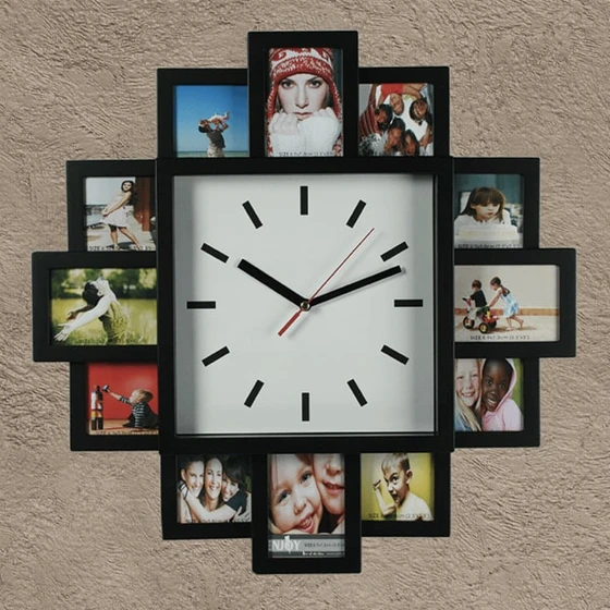 Black Wall Clock with 12 Photo Frames and a White Dial