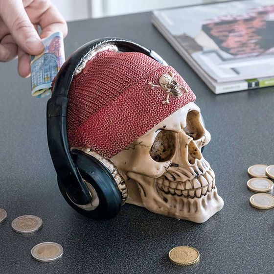 Savings Bank Skull with Fishers Hat and Earphones