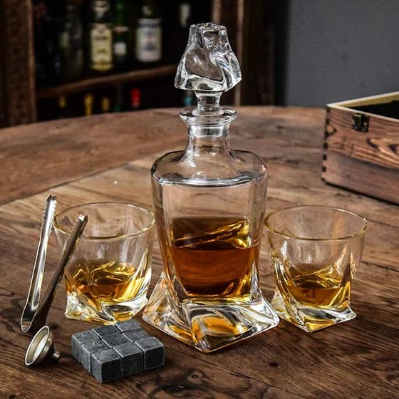 Twisted Decanter Set with Two Glasses in a Wooden Box
